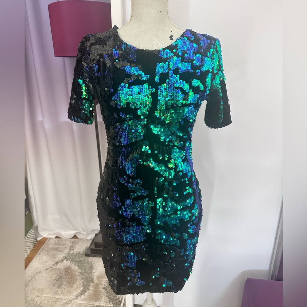 Topshop Black Mini Dress with Iridescent Green-Blue Sequins